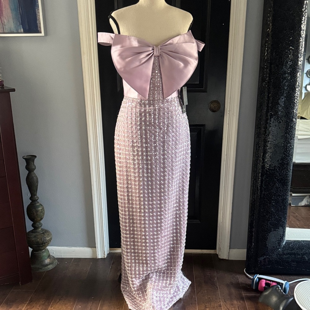 Theia Lilac Off-Shoulder Dress with Bow Detail